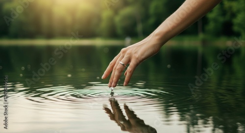 Serene hand reaching into calm lake water, creating ripples amidst lush greenery and soft sunlight