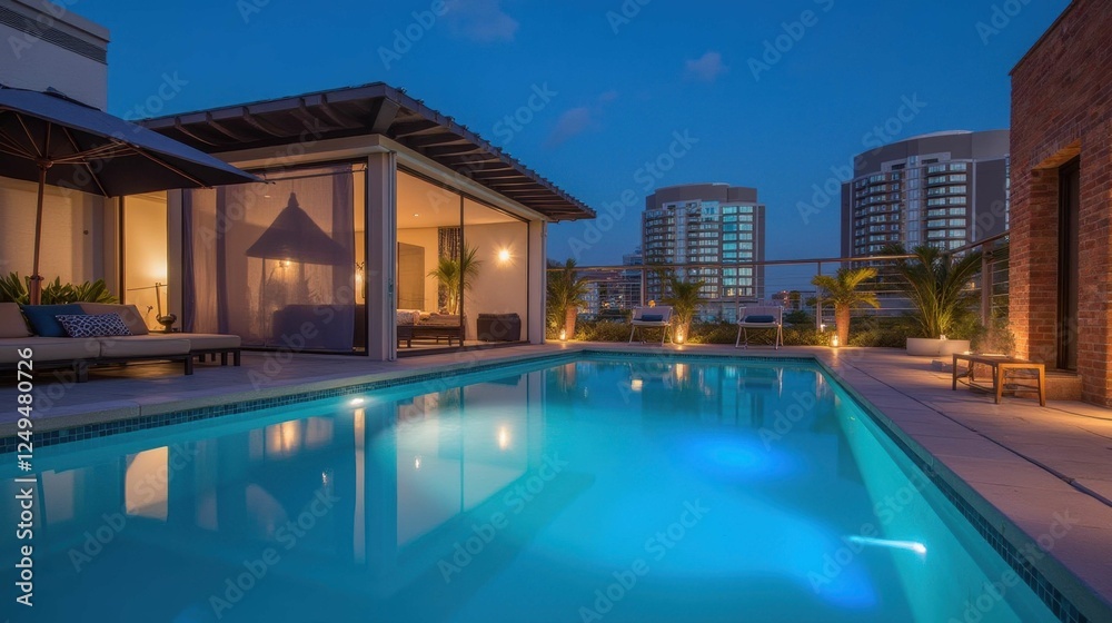 Modern Rooftop Pool at Dusk with City Skyline and Cozy Lounge Area Modern Rooftop Pool at Dusk with City Skyline and Cozy Lounge Area
