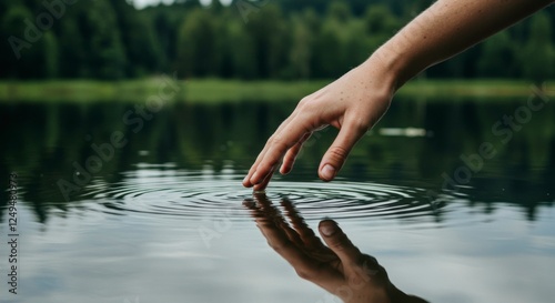 A serene moment captured as a hand gently touches the water's surface, creating ripples in a tranquil lake