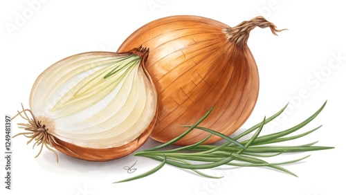 Detailed watercolor illustration of an onion, both whole and halved, accompanied by sprigs of chives. 