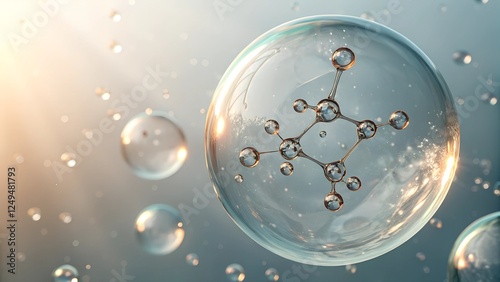 Detailed 3D rendered image of a molecule inside a clear sphere, surrounded by water droplets.