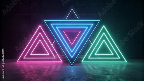 Striking image of neon triangles illuminated in vibrant pink, blue, and green against a dark background.