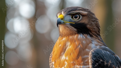 Close-up of hawk head, alert posture, forest background, wildlife photo photo