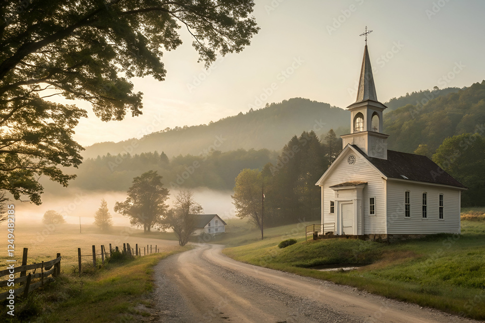 Fototapeta premium A serene morning scene featuring a quaint church beside a winding road, surrounded by lush hills and a misty landscape.