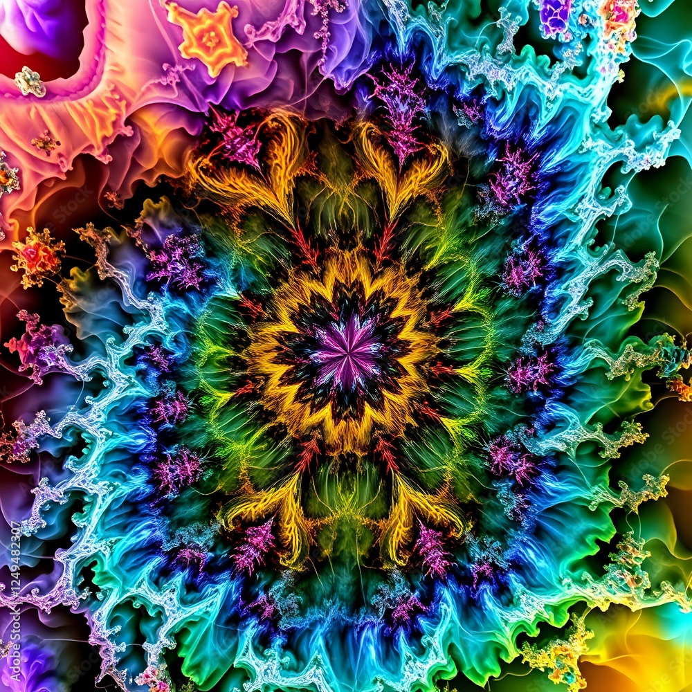 Vibrant Abstract Design: Purple Flower Motif with Fractal Expressionism Vibrant Abstract Design: Purple Flower Motif with Fractal Expressionism