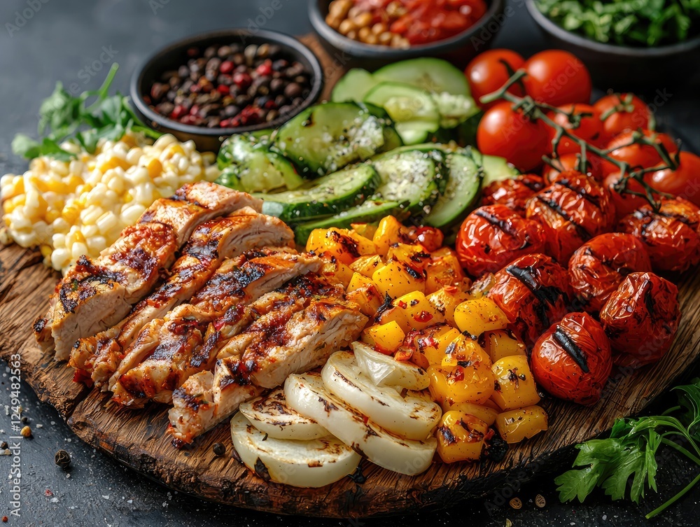 Grilled chicken and vegetables arranged on a wooden board for a colorful meal presentation. Grilled chicken and vegetables arranged on a wooden board for a colorful meal presentation.