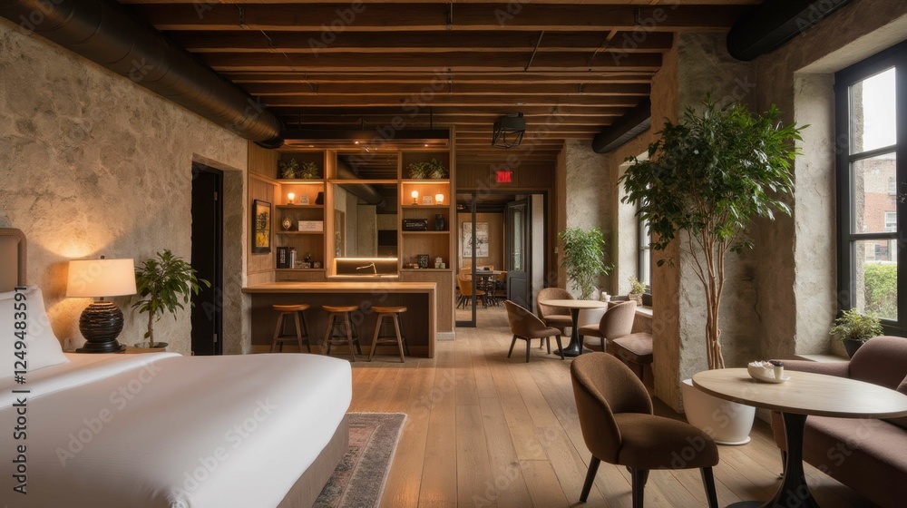 Fototapeta premium Modern Cozy Interior Design of a Hotel Room with Natural Light