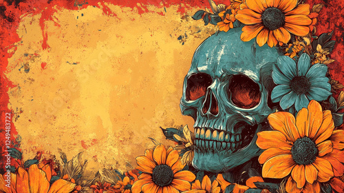 Day of the dead inspired artwork with skull and vibrant flowers for poster design