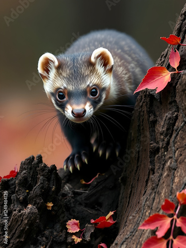 Close up of Fisher or North American Marten slinking down a dead tree stump with red leaves in the Fall photo