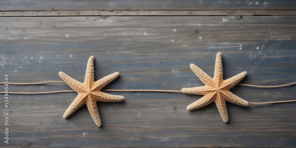 Two starfish tied together with twine on weathered wood background, a nautical summer scene, perfect for beach themed designs. Two starfish tied together with twine on weathered wood background, a nautical summer scene, perfect for beach themed designs.