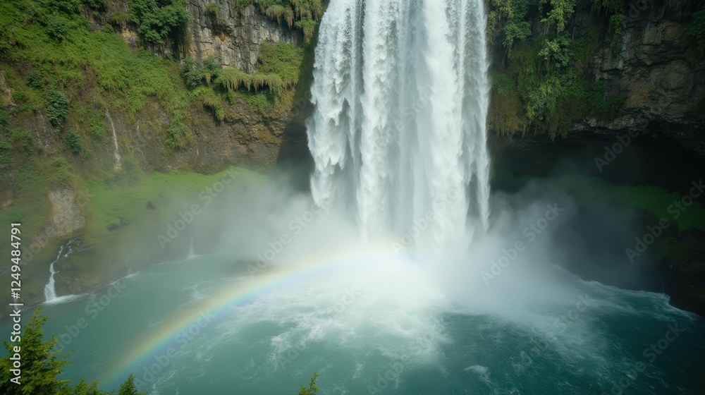 Majestic Waterfall with Rainbow Arching Over Clear Pool Below Majestic Waterfall with Rainbow Arching Over Clear Pool Below