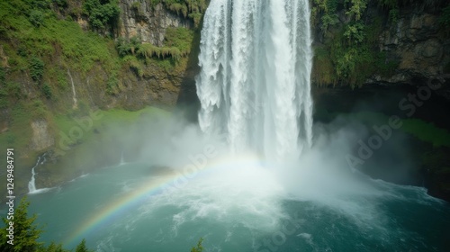 Majestic Waterfall with Rainbow Arching Over Clear Pool Below