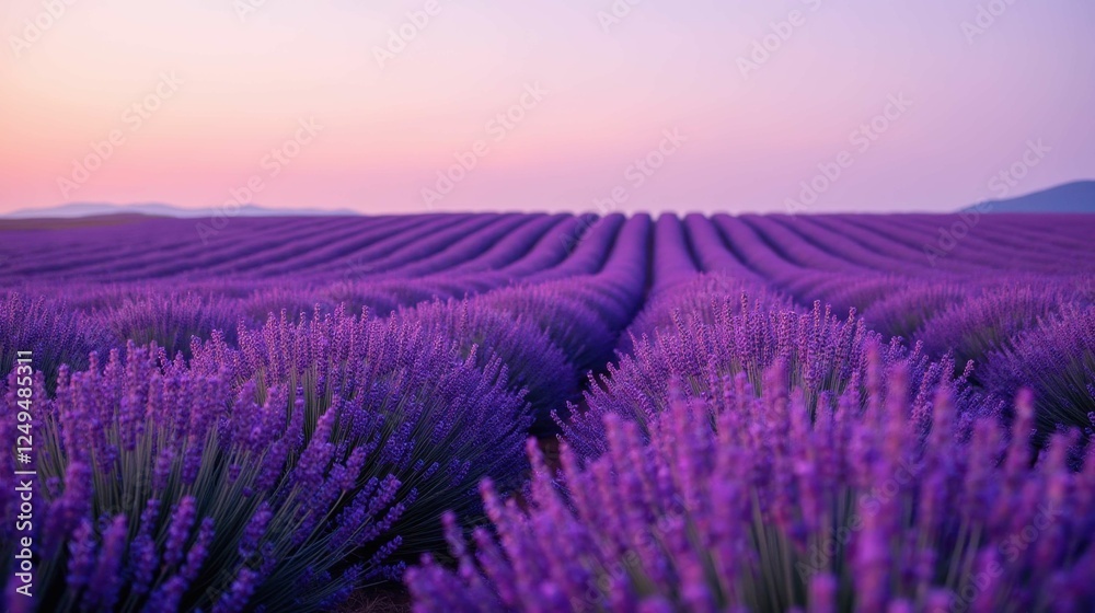 Expansive Lavender Field Under Soft Evening Light in Calm Landscape Expansive Lavender Field Under Soft Evening Light in Calm Landscape