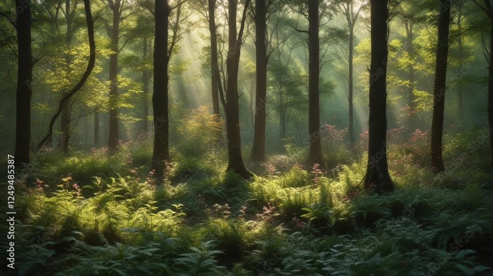 Sunbeams Illuminate a Mystical Forest Floor, Bathed in Morning Mist and Lush Greenery, with Delicate Blossoms Dotting the Undergrowth Sunbeams Illuminate a Mystical Forest Floor, Bathed in Morning Mist and Lush Greenery, with Delicate Blossoms Dotting the Undergrowth