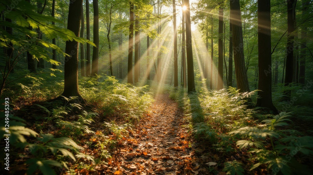 Fototapeta premium Serene Forest Path with Sunlight Streaming Through Trees