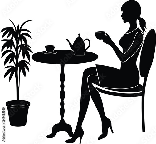 Woman working Office Desk With Laptop silhouette vector illustration, Young Woman working Office Desk With Laptop vector art, Woman working Office Desk With Laptop line art vector