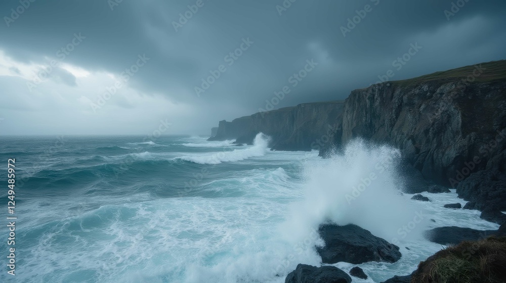 Fototapeta premium Dramatic Ocean Waves Crash Against Rugged Cliffs Under Stormy Sky