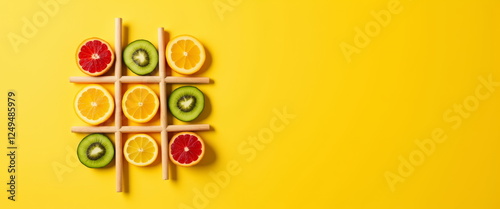 Colorful fruit slices arranged in tic-tac-toe pattern for nutrition blogs, healthy eating campaigns, food photography, menu designs, and vitamin C awareness presentations