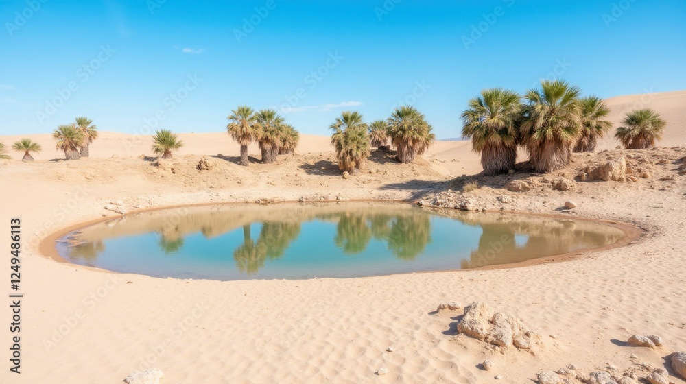 Serene Oasis Surrounded by Palm Trees in a Desert Landscape Serene Oasis Surrounded by Palm Trees in a Desert Landscape