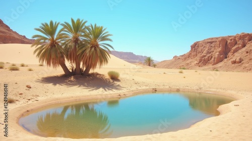 Serene Oasis with Palm Trees Surrounded by Desert Landscape