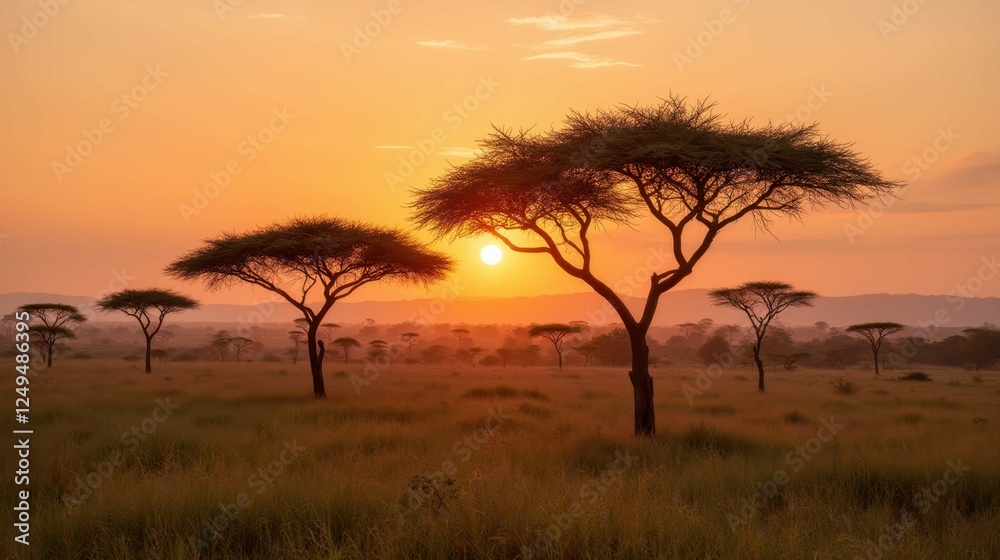 Obraz premium Serene Sunset Over African Savanna with Silhouetted Acacia Trees
