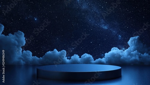 Celestial Podium: A dark, circular podium sits serenely atop a cloud bank, under a breathtaking night sky filled with stars and a mesmerizing galaxy.