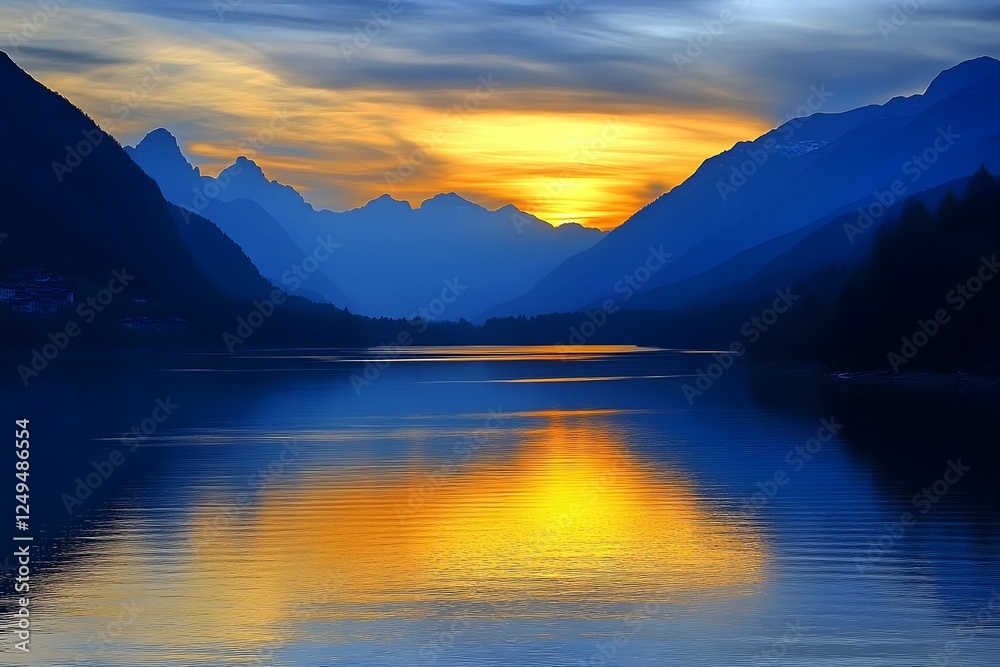 Sunset over mountain lake, calm water reflects vibrant colors, village background, travel poster Sunset over mountain lake, calm water reflects vibrant colors, village background, travel poster