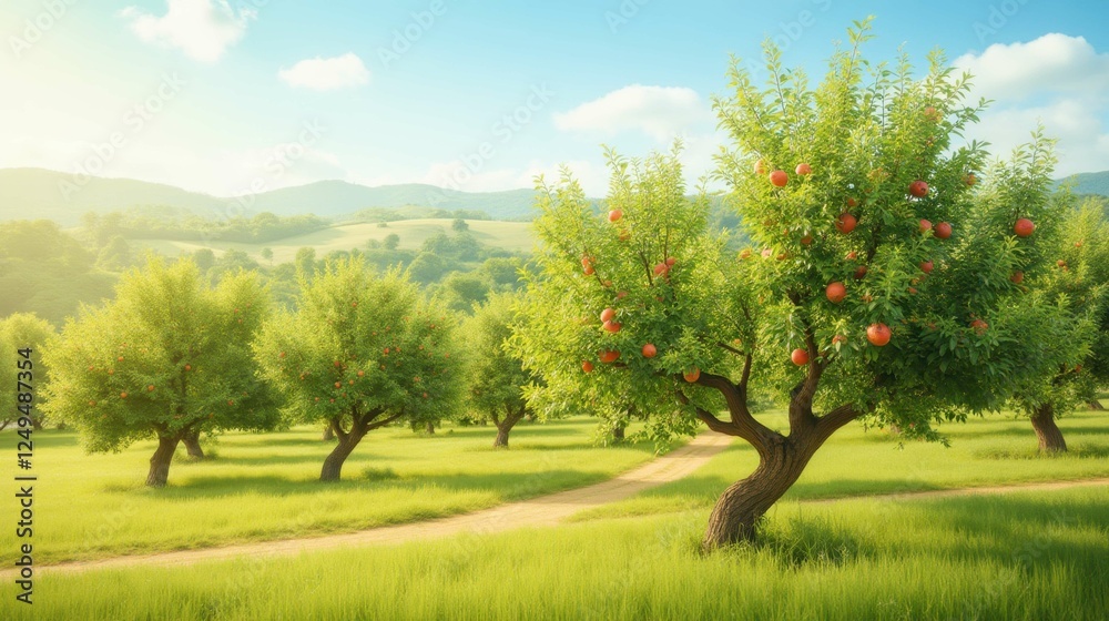 Lush Apple Orchard Under Bright Blue Sky with Sunlight and Trees Lush Apple Orchard Under Bright Blue Sky with Sunlight and Trees