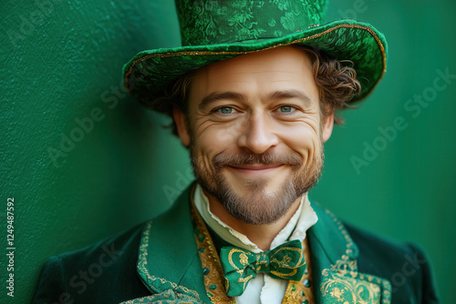 Smiling Man in Green Suit with Shamrock Top Hat. Festive portrait of a man in traditional Irish attire with a green velvet jacket and matching bow tie, perfect for St. Patrick’s Day themes