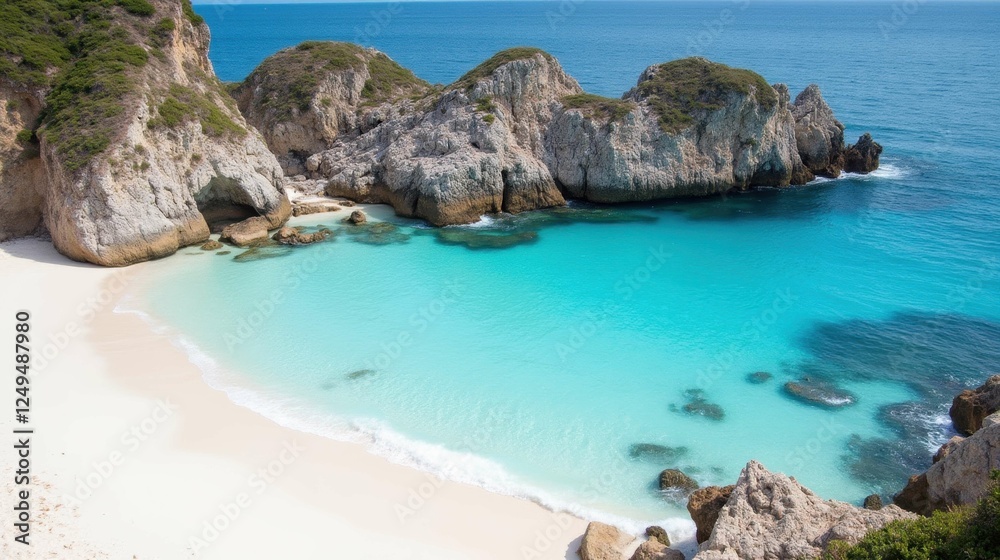 Serene Tropical Beach with Crystal Clear Water and Rocky Outcrops Serene Tropical Beach with Crystal Clear Water and Rocky Outcrops