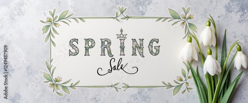 Spring sale banner with snowdrops for seasonal marketing campaigns, e-commerce websites, social media posts, email newsletters, and retail promotional materials photo