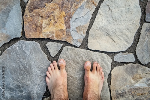 Bare feet standing on a stone path overhead view photo