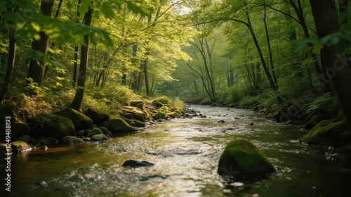 Tranquil Stream Flowing Through Lush Green Forest Landscape