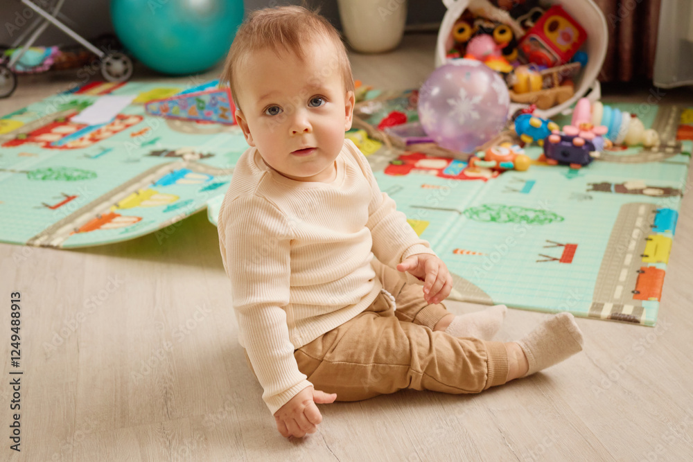 A young child sits on a vibrant play mat surrounded by an array of toys, including plush animals and colorful balls. The cozy indoor space has soft lighting and playful decor A young child sits on a vibrant play mat surrounded by an array of toys, including plush animals and colorful balls. The cozy indoor space has soft lighting and playful decor