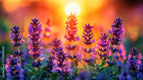 Vibrant lavender field sunset sunrise, beautiful flowers in summer photo