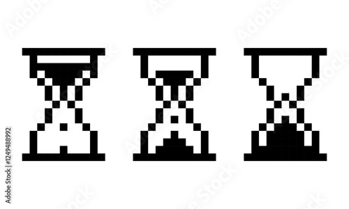 Pixel black hourglass icon. Retro timer with sand animation for time and countdown to measure minutes and seconds interface