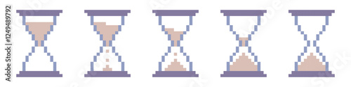 Pixel web hourglass icon set. Pixelated timer with sand animation for time and countdown to measure minutes and seconds interface