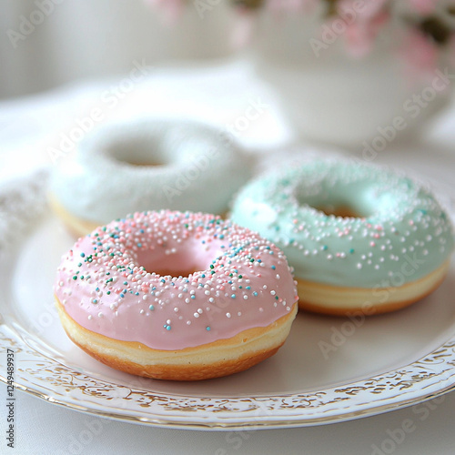 A white plate with five assorted donuts in a circle on a light background. photo