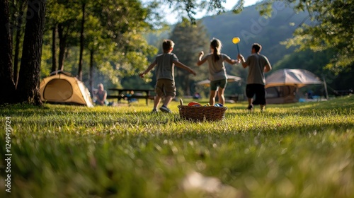 Family of Four Enjoying a Game of Frisbee on the Green Grass