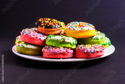 Colorful donuts on a white plate on black background.