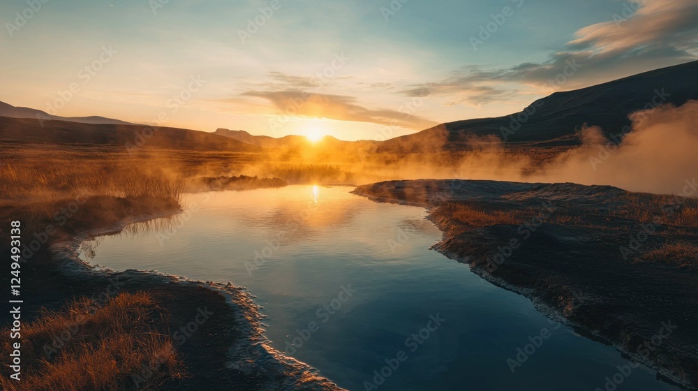 Serene Sunrise Over Natural Hot Springs in Breathtaking Landscape Serene Sunrise Over Natural Hot Springs in Breathtaking Landscape