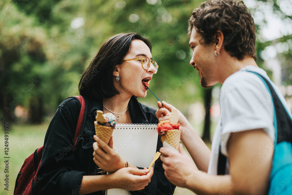 Two diverse students share a moment with ice cream cones in a park setting, suggesting friendship and relaxation between classes. The scene conveys youthfulness and cultural diversity. Two diverse students share a moment with ice cream cones in a park setting, suggesting friendship and relaxation between classes. The scene conveys youthfulness and cultural diversity.
