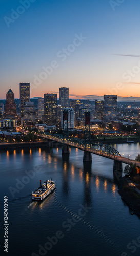 Portland's Twilight Majesty: Paddleboat on Willamette River Under Hawthorne Bridge - Cityscape Canvas photo