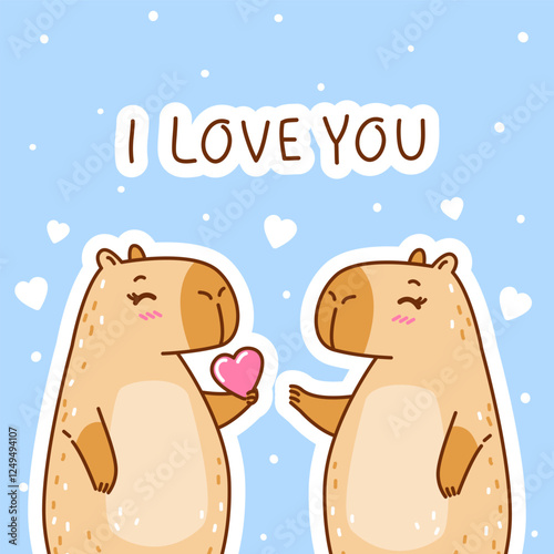 Cute сartoon capybaras couple with hearts - funny animal for Your Valentines day design 3