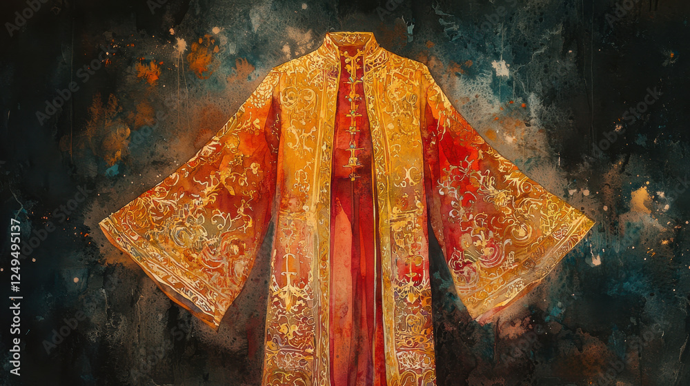 Gold and red robe, intricate design, against a textured cosmic background with glowing particles, artistic painting style, vibrant colors, historical or cultural theme. Gold and red robe, intricate design, against a textured cosmic background with glowing particles, artistic painting style, vibrant colors, historical or cultural theme.