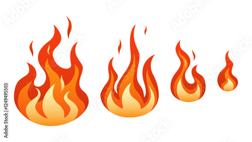 Stages of burning fire ignition. Red bonfire turning into fiery hell consequences of explosion blazing with raging vector flame.