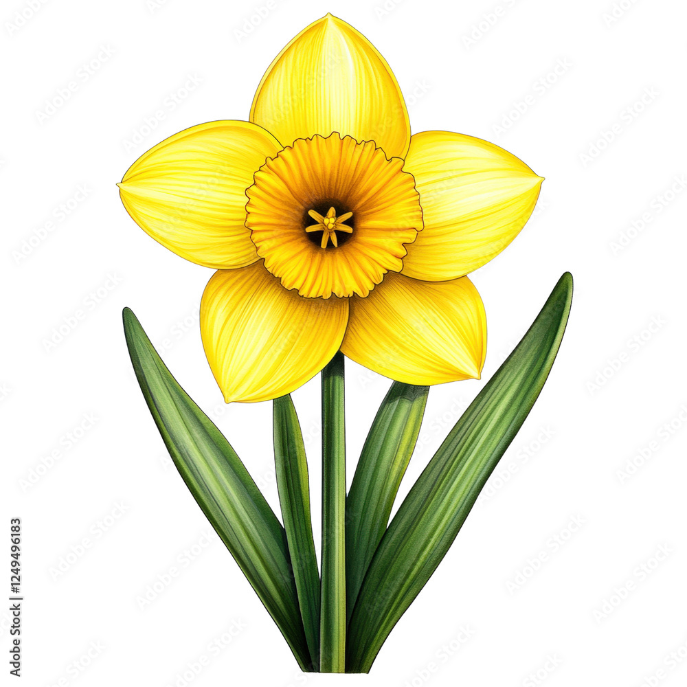 A vibrant yellow daffodil with lush green leaves against isolated on transparency PNG background, ideal for spring themes, nature blogs, gardening content, or floral decorations A vibrant yellow daffodil with lush green leaves against isolated on transparency PNG background, ideal for spring themes, nature blogs, gardening content, or floral decorations
