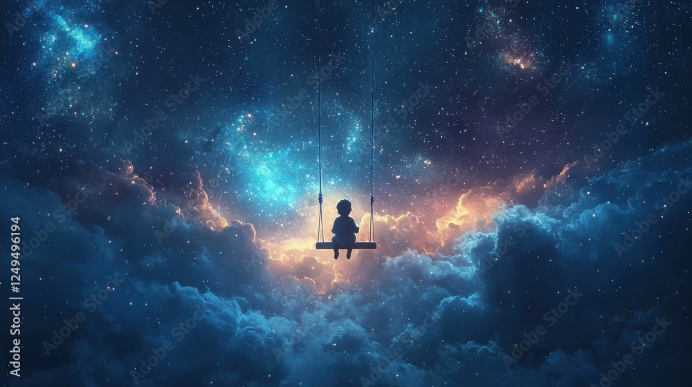 Fototapeta premium Silhouette of a child on a swing amidst a starry night sky with clouds and nebulae.
