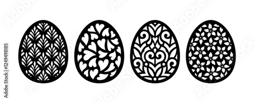 Easter eggs set. Paper or laser cutting templates. Vector black illustrations. Decorative holiday symbol. Floral ornate egg. Isolated on white background. Carved pattern. For laser, plotter cutting, s