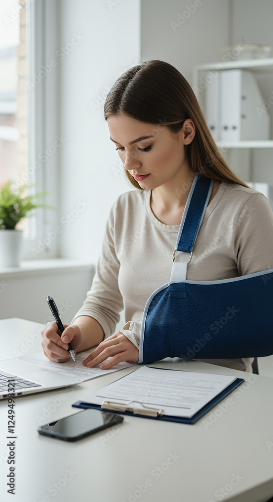 Injury Claim: Woman with Arm Sling Filling Out Insurance Forms. Accident Compensation & Medical Paperwork at Home. Injury Claim: Woman with Arm Sling Filling Out Insurance Forms. Accident Compensation & Medical Paperwork at Home.